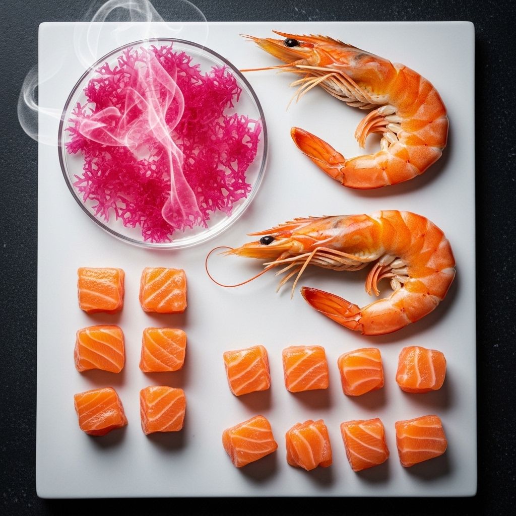 Vibrant macro photograph of pink astaxanthin-rich microalgae in a petri dish alongside whole cooked shrimp and salmon cubes arranged on a white laboratory-style surface with scientific precision
