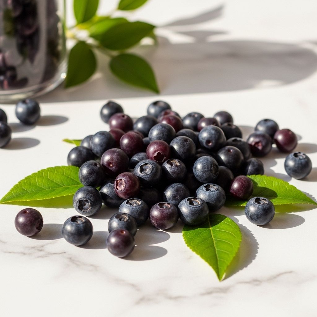 Dark purple bilberries and blueberries scattered on a white marble surface with green leaves, photographed in bright natural light showing their rich anthocyanin-containing deep pigmentation