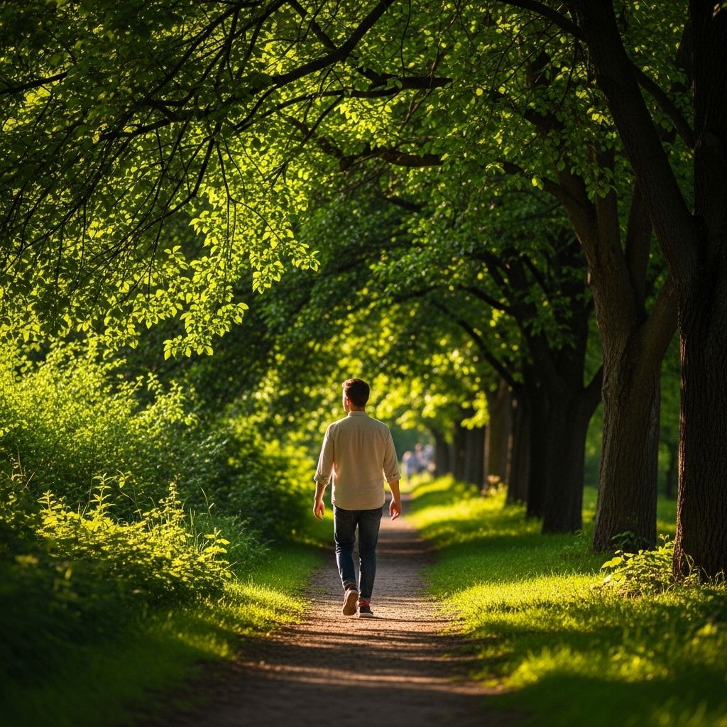 Young adult walking along a tree-lined path in a lush green park on a bright sunny morning, surrounded by natural greenery and dappled sunlight suggesting outdoor time and relaxation